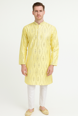 Yellow silk sequins embroidery straight men's kurta pyjama 1