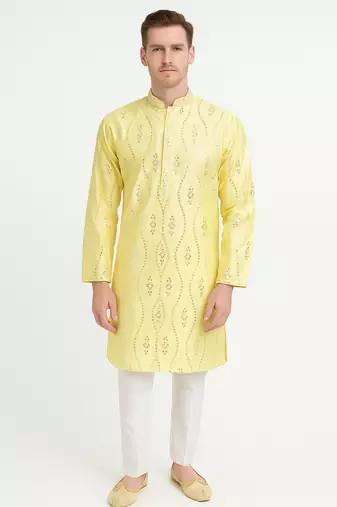 Yellow silk sequins embroidery straight men's kurta pyjama