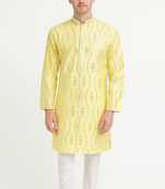 Yellow silk sequins embroidery straight men's kurta pyjama