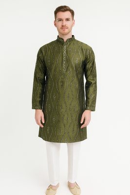 Green silk sequins embroidery straight men's kurta pyjama 1