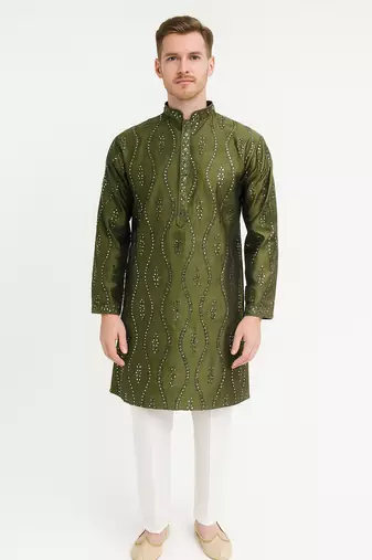 Green silk sequins embroidery straight men's kurta pyjama