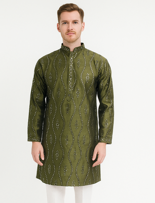Green silk sequins embroidery straight men's kurta pyjama 2