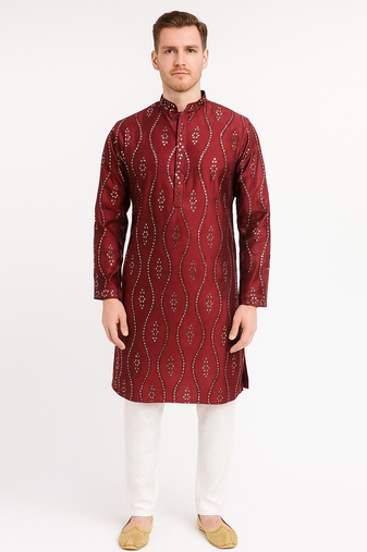 Red silk sequins embroidery straight men's kurta pyjama