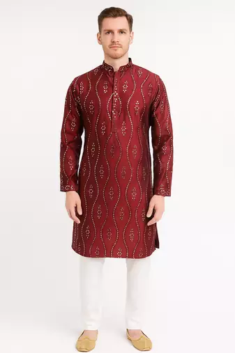 Red silk sequins embroidery straight men's kurta pyjama