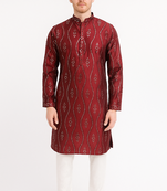 Red silk sequins embroidery straight men's kurta pyjama
