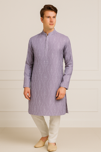 Violet silk sequins embroidery straight men's kurta pyjama