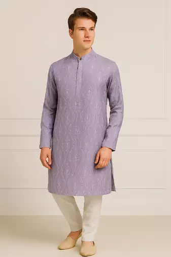 Violet silk sequins embroidery straight men's kurta pyjama