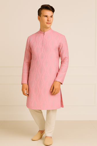 Pink silk sequins embroidery straight men's kurta pyjama