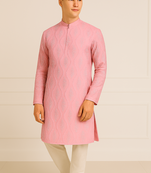 Pink silk sequins embroidery straight men's kurta pyjama