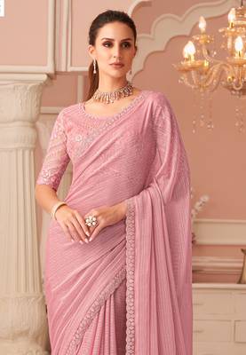 Pink Chiffon Embellished Saree,Sari Comes With Embroidered Blouse 2