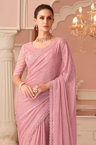 Pink Chiffon Embellished Saree,Sari Comes With Embroidered Blouse