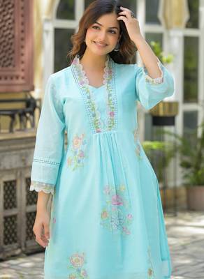 Floral embroidered blue v-neck  cotton kurta with trouser 2