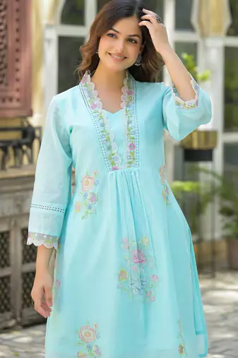 Floral embroidered blue v-neck  cotton kurta with trouser