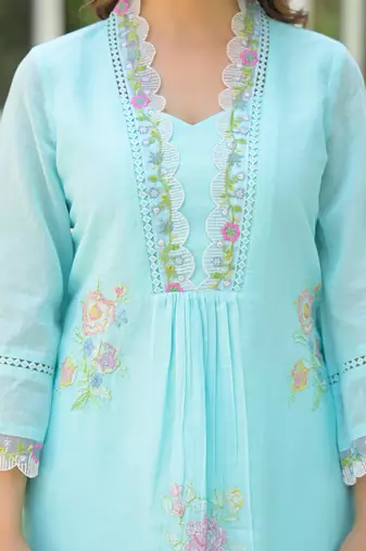 Floral embroidered blue v-neck  cotton kurta with trouser