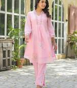 Floral embroidered pink v-neck pure cotton kurta with trouser
