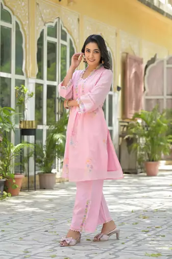 Floral embroidered pink v-neck  cotton kurta with trouser