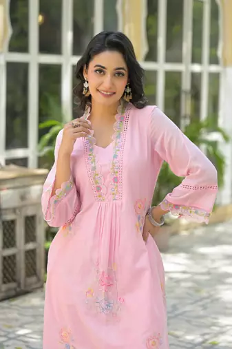 Floral embroidered pink v-neck  cotton kurta with trouser