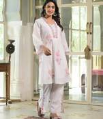 Floral embroidered white v-neck pure cotton kurta with trouser