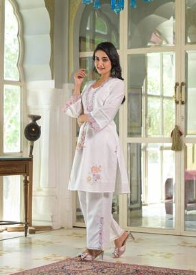 Floral embroidered white v-neck  cotton kurta with trouser 2