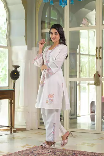 Floral embroidered white v-neck  cotton kurta with trouser