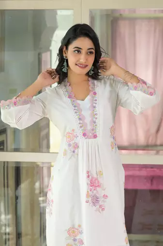 Floral embroidered white v-neck  cotton kurta with trouser