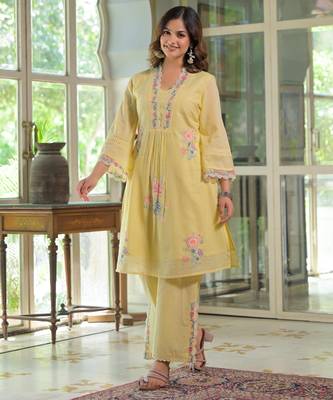 Floral embroidered yellow v-neck  cotton kurta with trouser 1