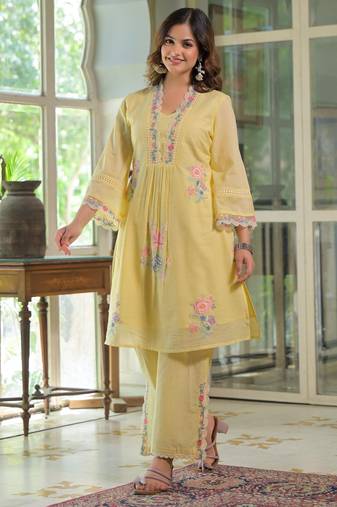 Floral embroidered yellow v-neck pure cotton kurta with trouser