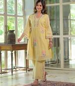 Floral embroidered yellow v-neck pure cotton kurta with trouser