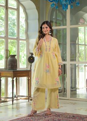 Floral embroidered yellow v-neck  cotton kurta with trouser 2