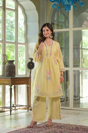 Floral embroidered yellow v-neck  cotton kurta with trouser