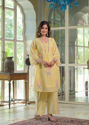 Floral embroidered yellow v-neck  cotton kurta with trouser 3