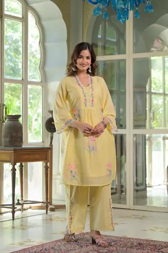 Floral embroidered yellow v-neck  cotton kurta with trouser