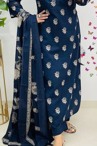 Floral embroidered blue v-neck pure cotton kurta with trouser & dupatta