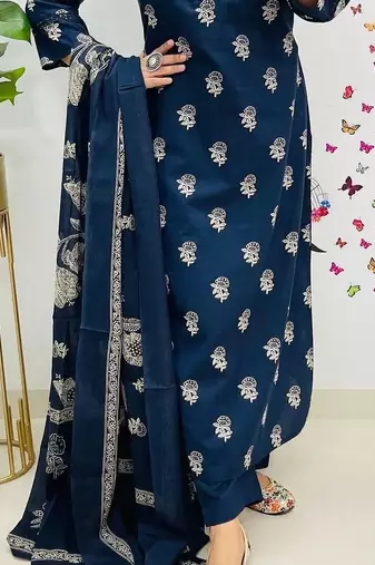 Floral embroidered blue v-neck pure cotton kurta with trouser & dupatta