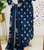 Floral embroidered blue v-neck pure cotton kurta with trouser & dupatta