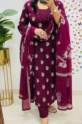 Floral embroidered red v-neck pure cotton kurta with trouser & dupatta