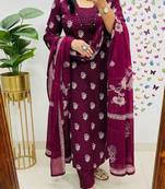 Floral embroidered red v-neck pure cotton kurta with trouser & dupatta