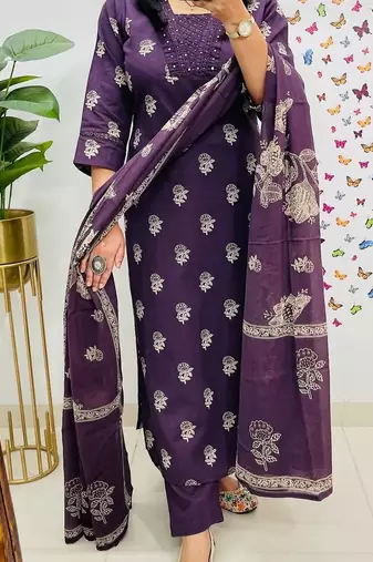 Floral embroidered purple v-neck pure cotton kurta with trouser & dupatta