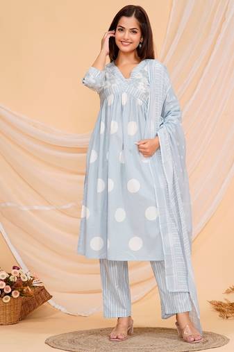 Floral printed blue v-neck pure cotton kurta with trouser with dupatta
