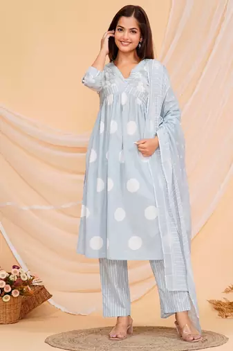 Floral printed blue v-neck pure cotton kurta with trouser with dupatta