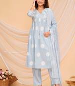 Floral printed blue v-neck pure cotton kurta with trouser with dupatta