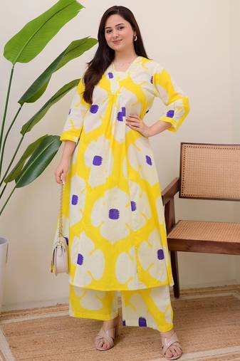 Floral printed yellow v-neck pure cotton kurta with trouser