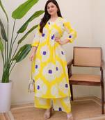 Floral printed yellow v-neck pure cotton kurta with trouser