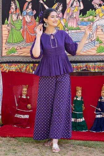 Floral embroidered blue round neck pure cotton kurta with trouser