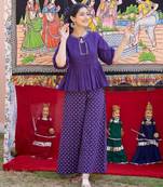 Floral embroidered blue round neck pure cotton kurta with trouser