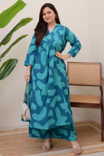 Floral printed blue v neck pure cotton kurta with trouser