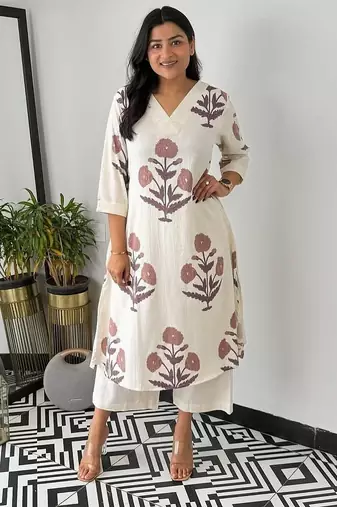 Floral printed black v neck pure cotton kurta with trouser