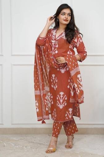 Floral embroidered brown v-neck pure cotton kurta with trouser with dupatta