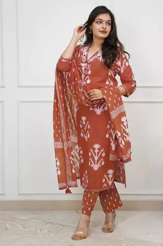 Floral embroidered brown v-neck pure cotton kurta with trouser with dupatta
