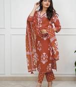 Floral embroidered brown v-neck pure cotton kurta with trouser with dupatta